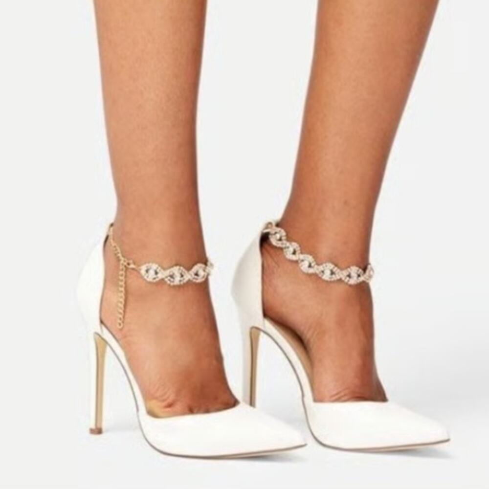 JustFab White Pointed Toe Stiletto Heels with Gold Chain Ankle Strap